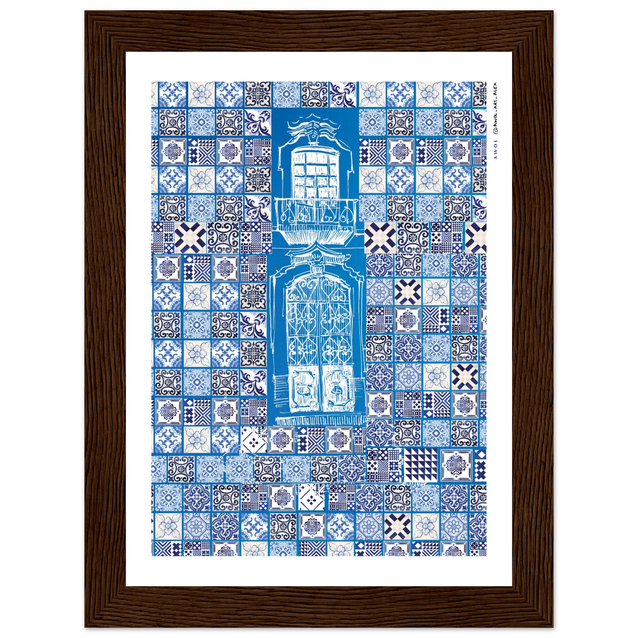 Blue Portugese Patterns: Azulejos Wall, Wooden Framed Poster