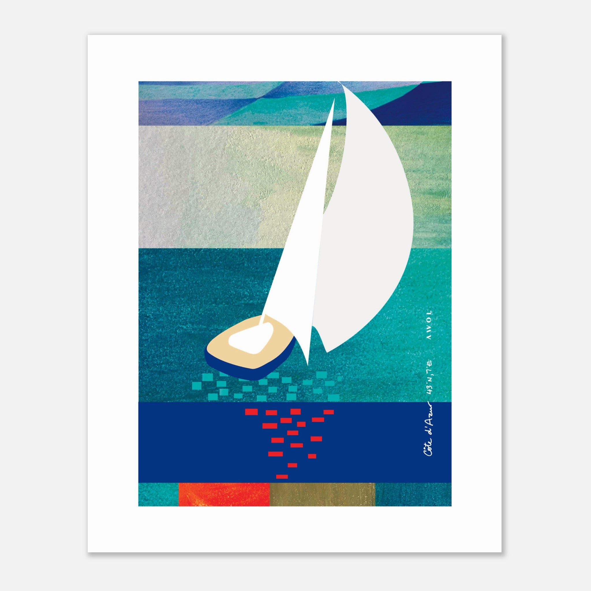 White Sailboat At Sunset On The Sea With Graphic Reflection: French Rivera Classic Matte Paper Poster