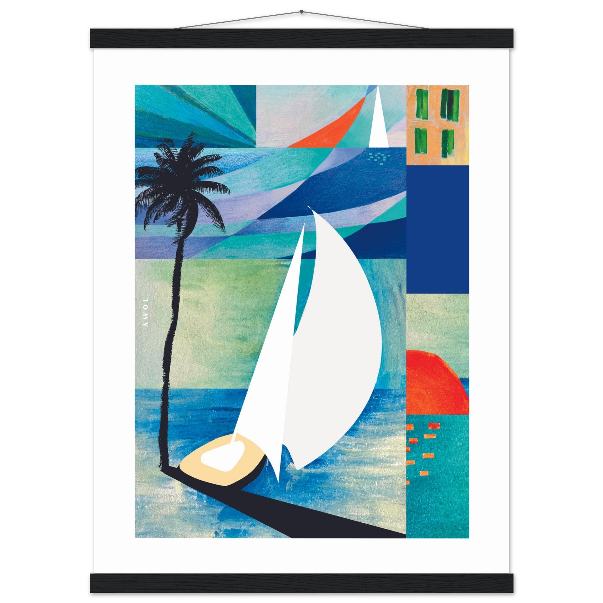 Colourful Sailing Art: Sea, Palm Tree And Orange Sun: Travel Poster with Hanger