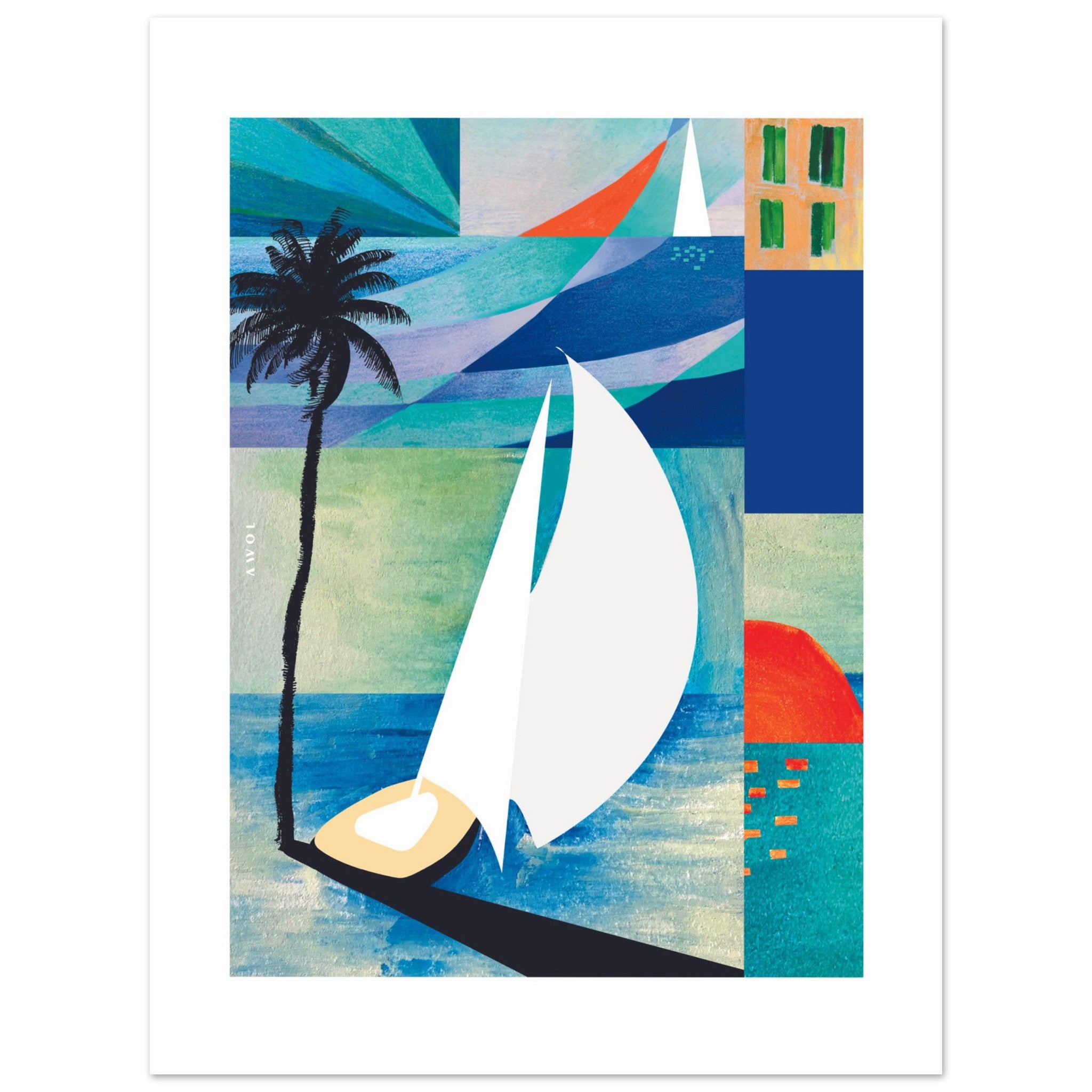 White Sailboat On Blue Sea At Sunrise, Palm Tree Art Print On Aluminum