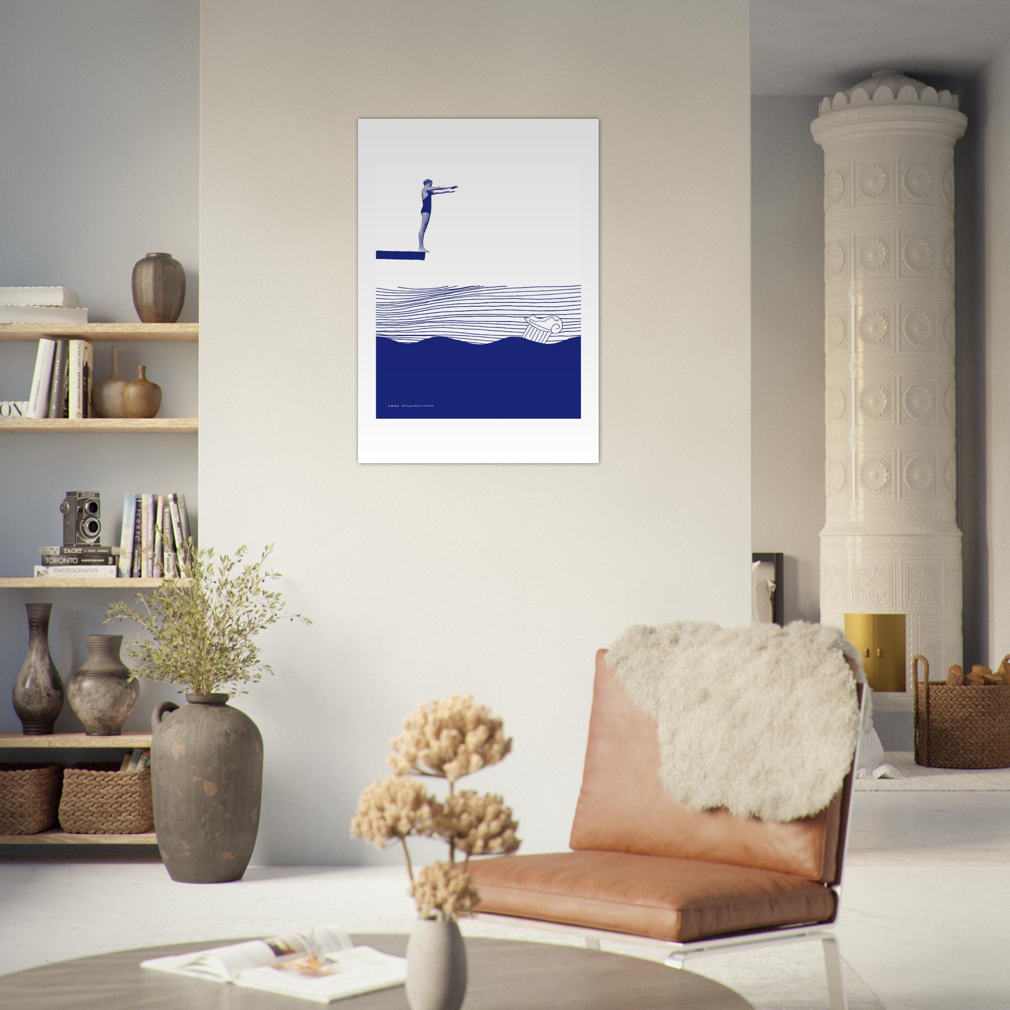 Retro Woman Art Print: Minimalist Sea Landscape, Aluminum Art Print