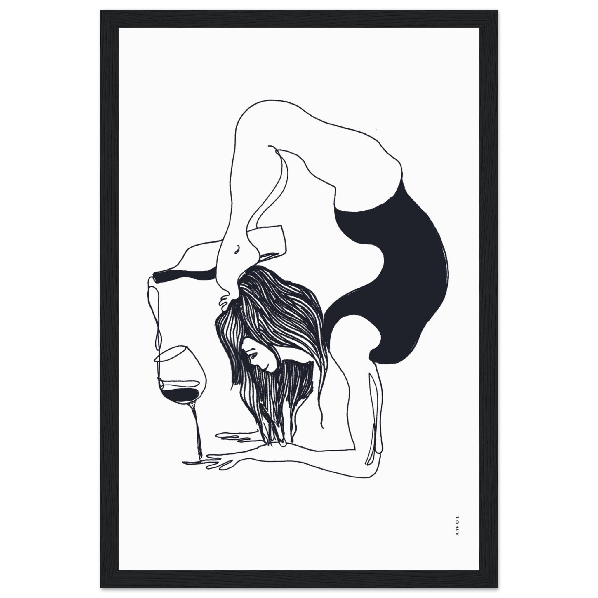 Funny Black And White Yoga Art Print In Wooden Frame With Wine And Balance Yoga Pose
