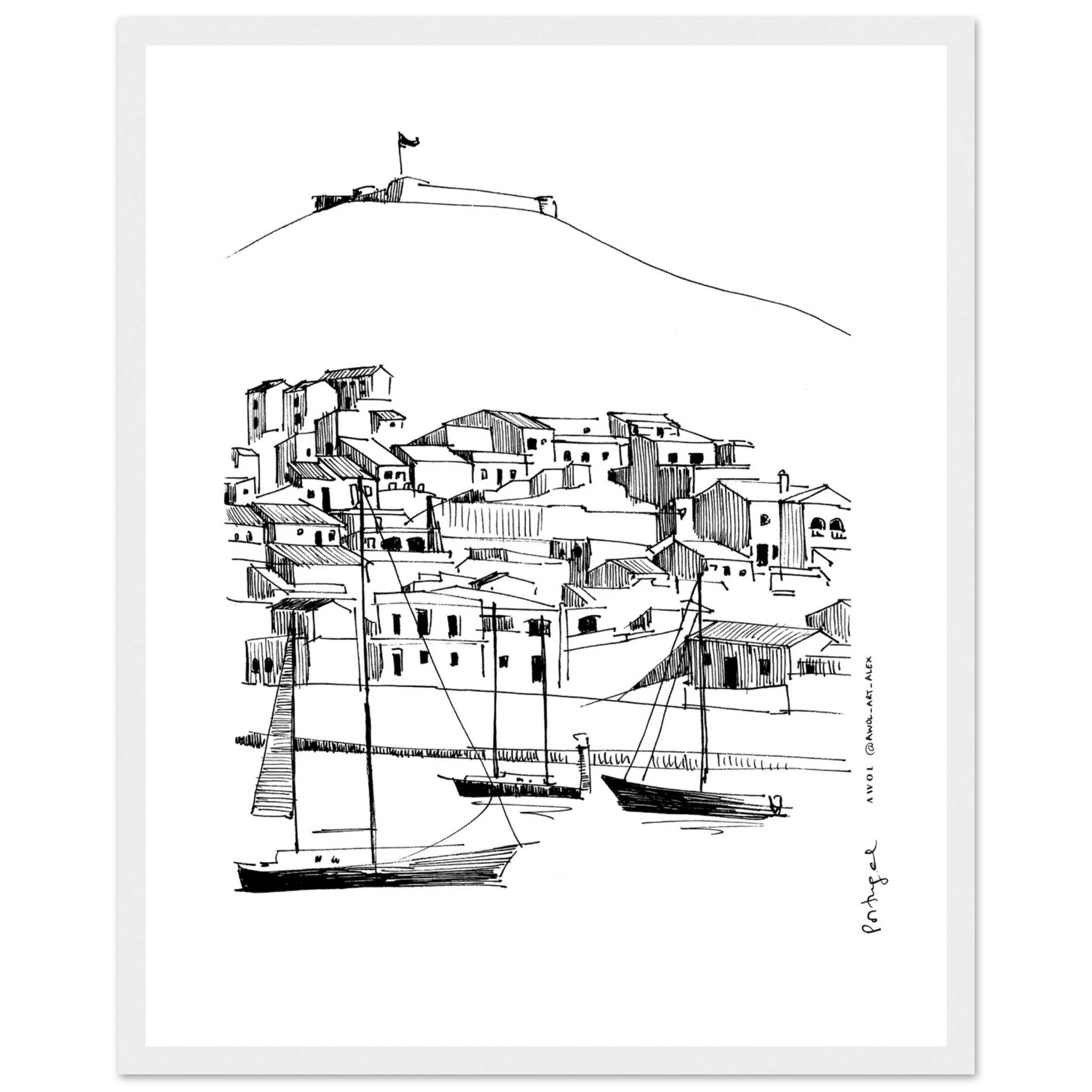 Small Portugese Town Overlooking Spain With Sailboats: Fine Art Framed Poster