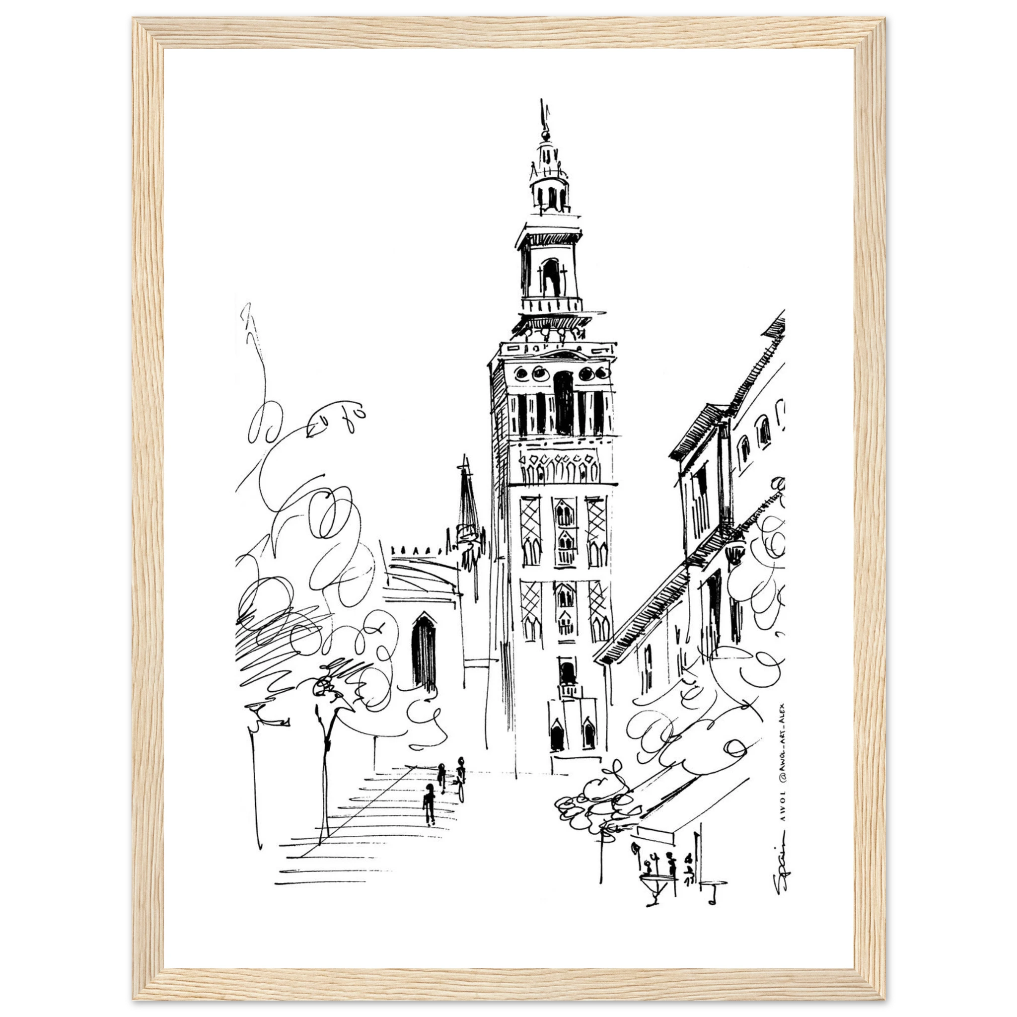 Seville Street Scene: La Giralda, Spain, Fine Art Wooden Framed Poster