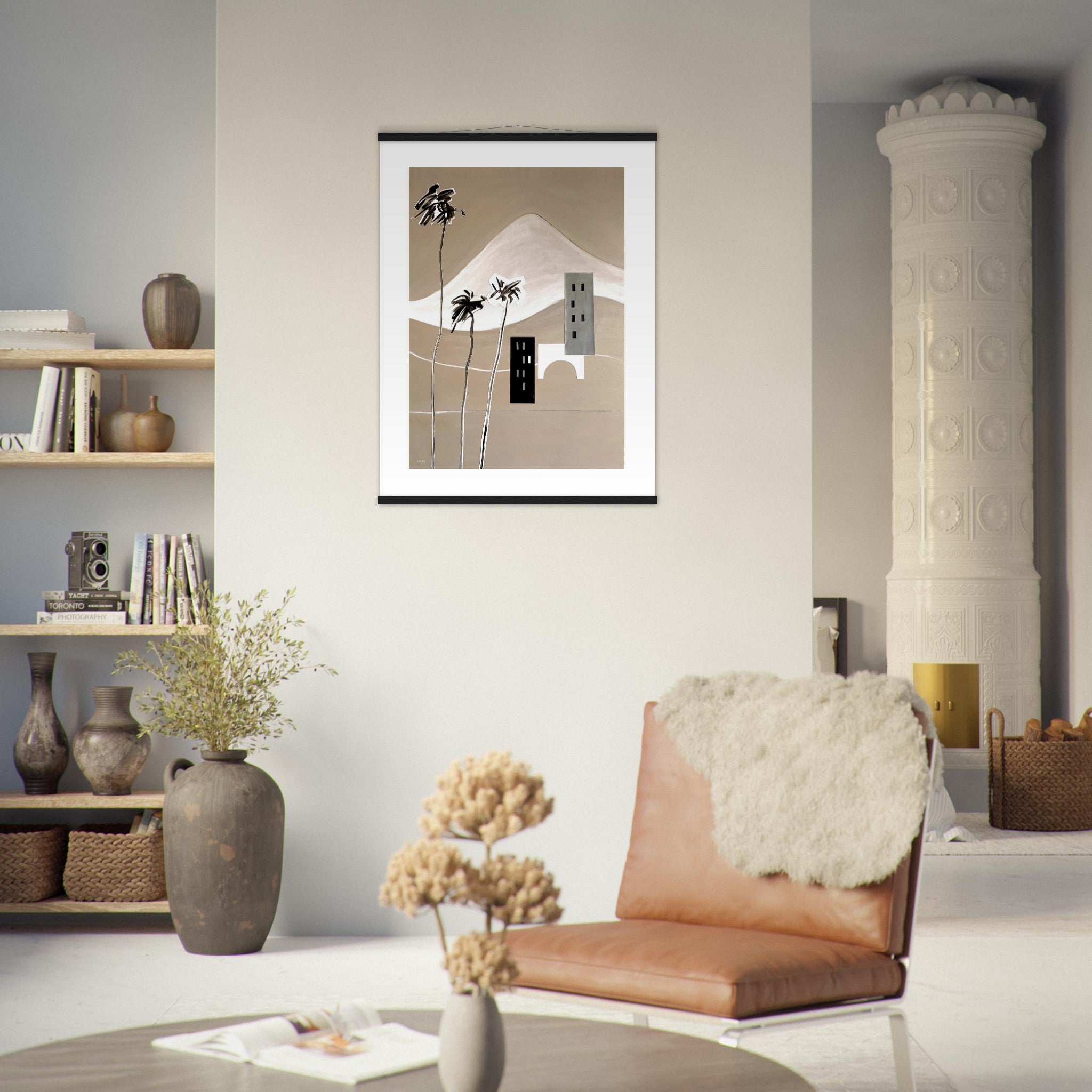 Palm Trees and Mountains Abstract Landscape Art Print: Poster with Hanger