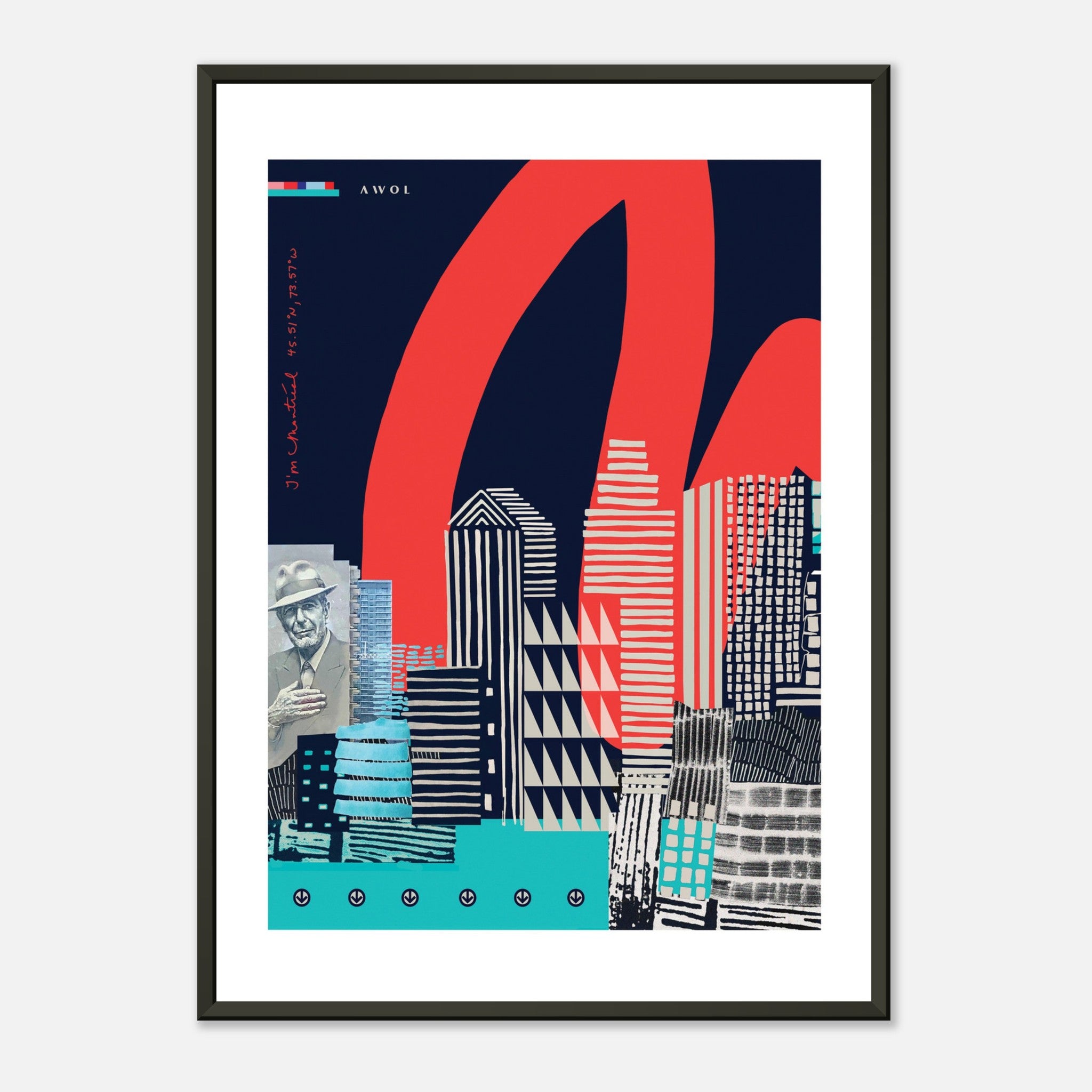 Modern Montreal Skyline, Graphic City Art Print With Leonard Cohen and Skyscrapers: Metal Framed Poster Print