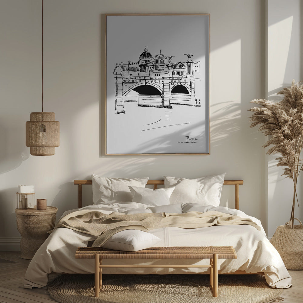 Rome Italy Framed Wall Art Print – Hand-Drawn Bridge Illustration – Fine Art Travel Poster for Home & Wall Decor | Cityscape Line Art