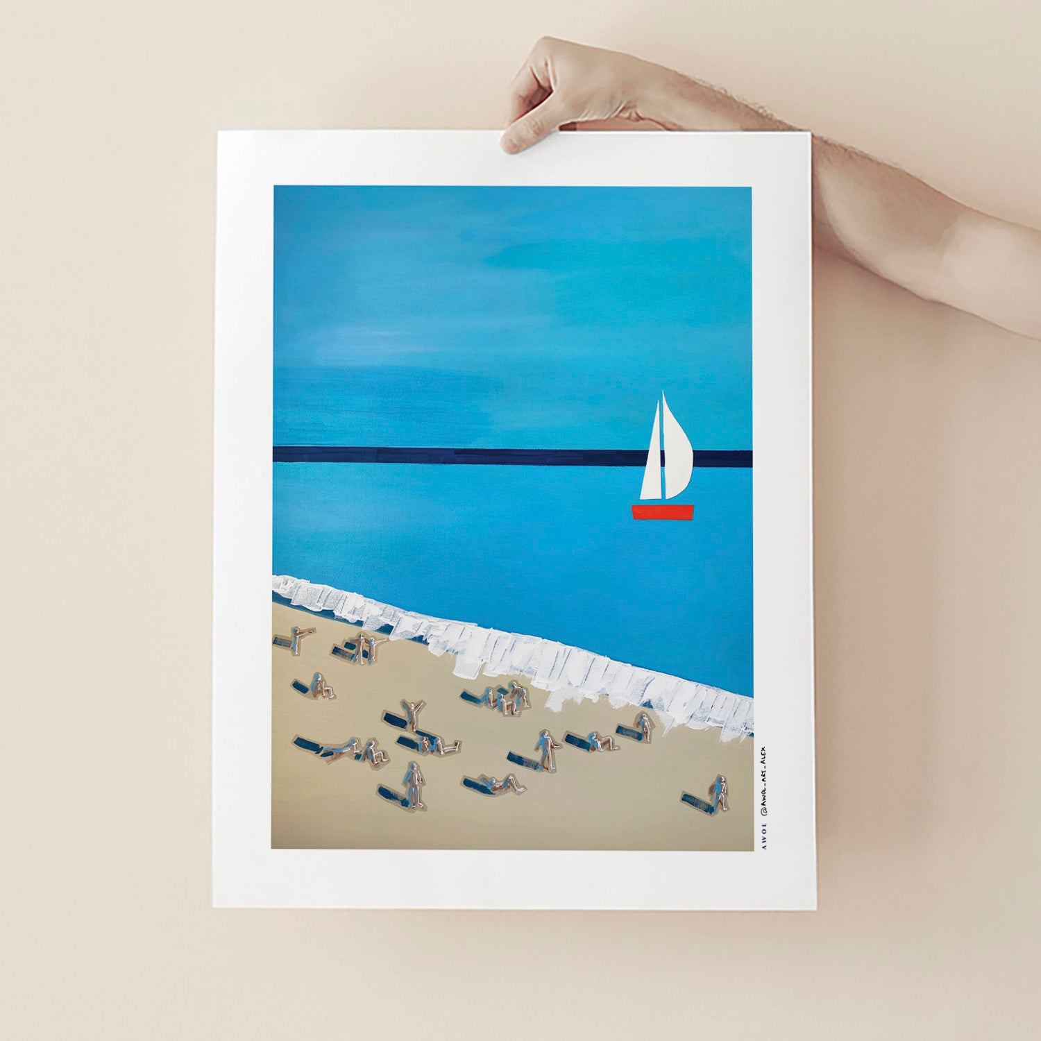 French Riviera Beach Poster – Minimalist Sailboat Art Print, Mid-Century Coastal Wall Art, Mediterranean Travel Decor with SunbathersFine Art Poster
