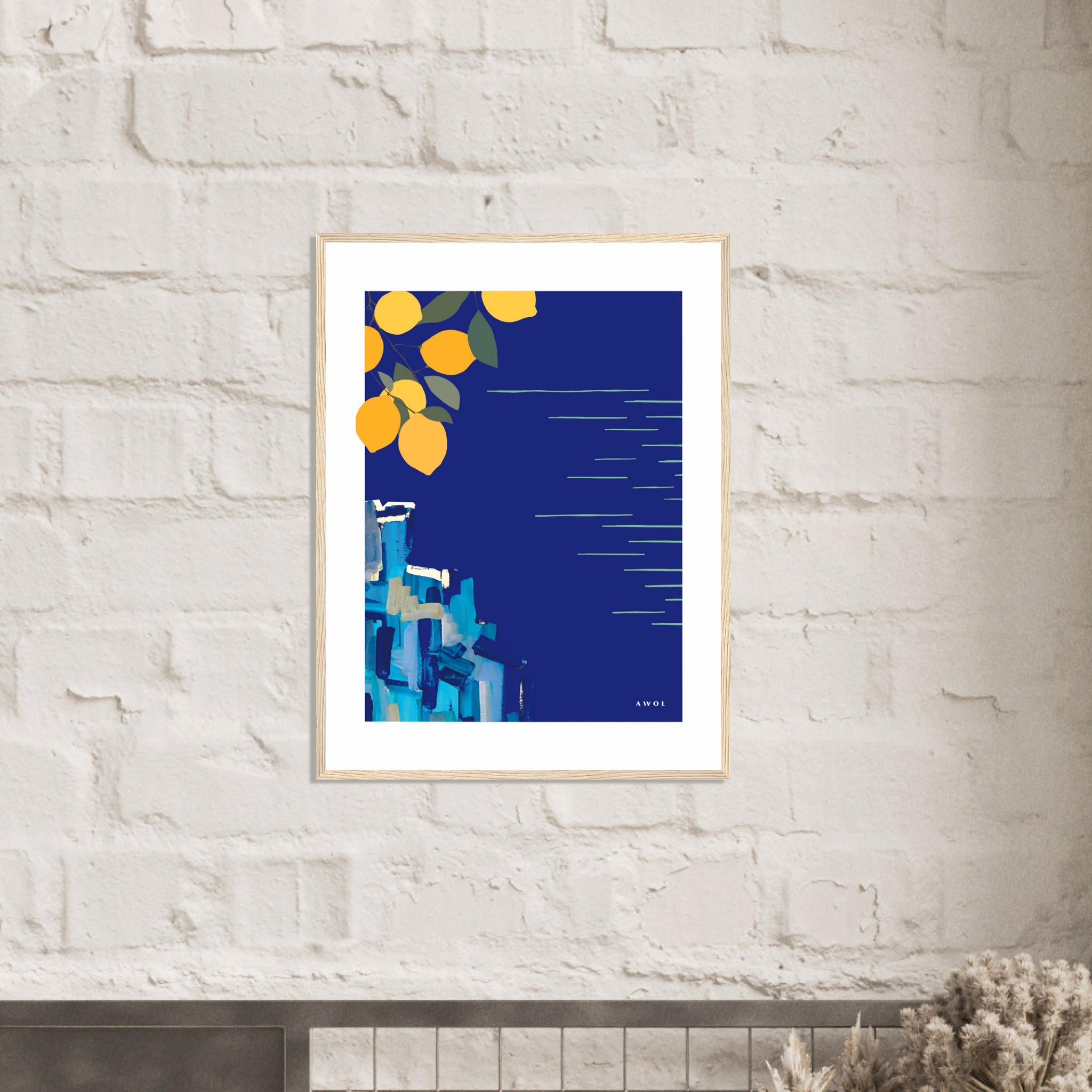 Mediterranean Blues: Landscape Art With Lemons By The Sea, Wooden Framed Art Print