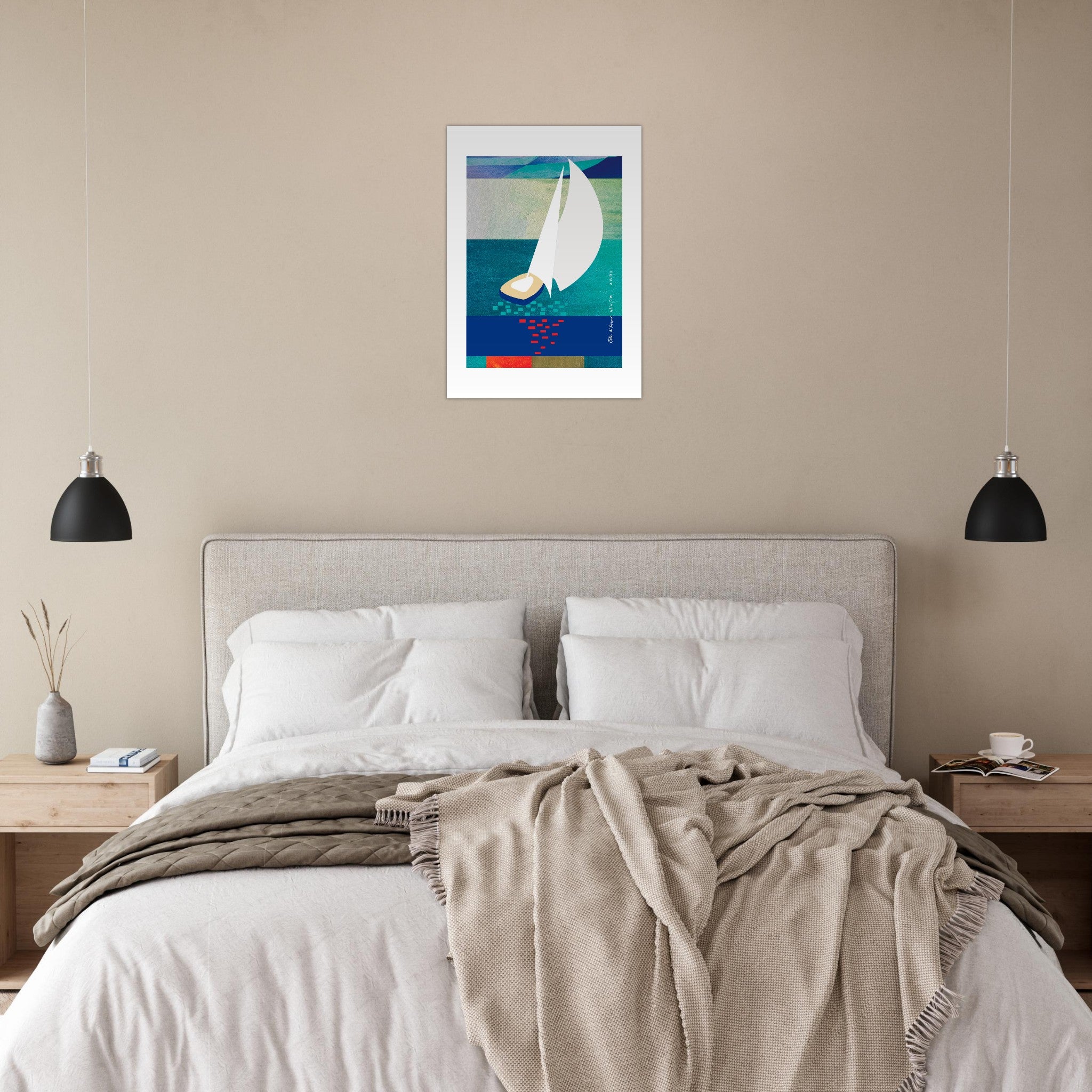 White Sailboat At Sunset On The Sea With Graphic Reflection: French Rivera Aluminum Print