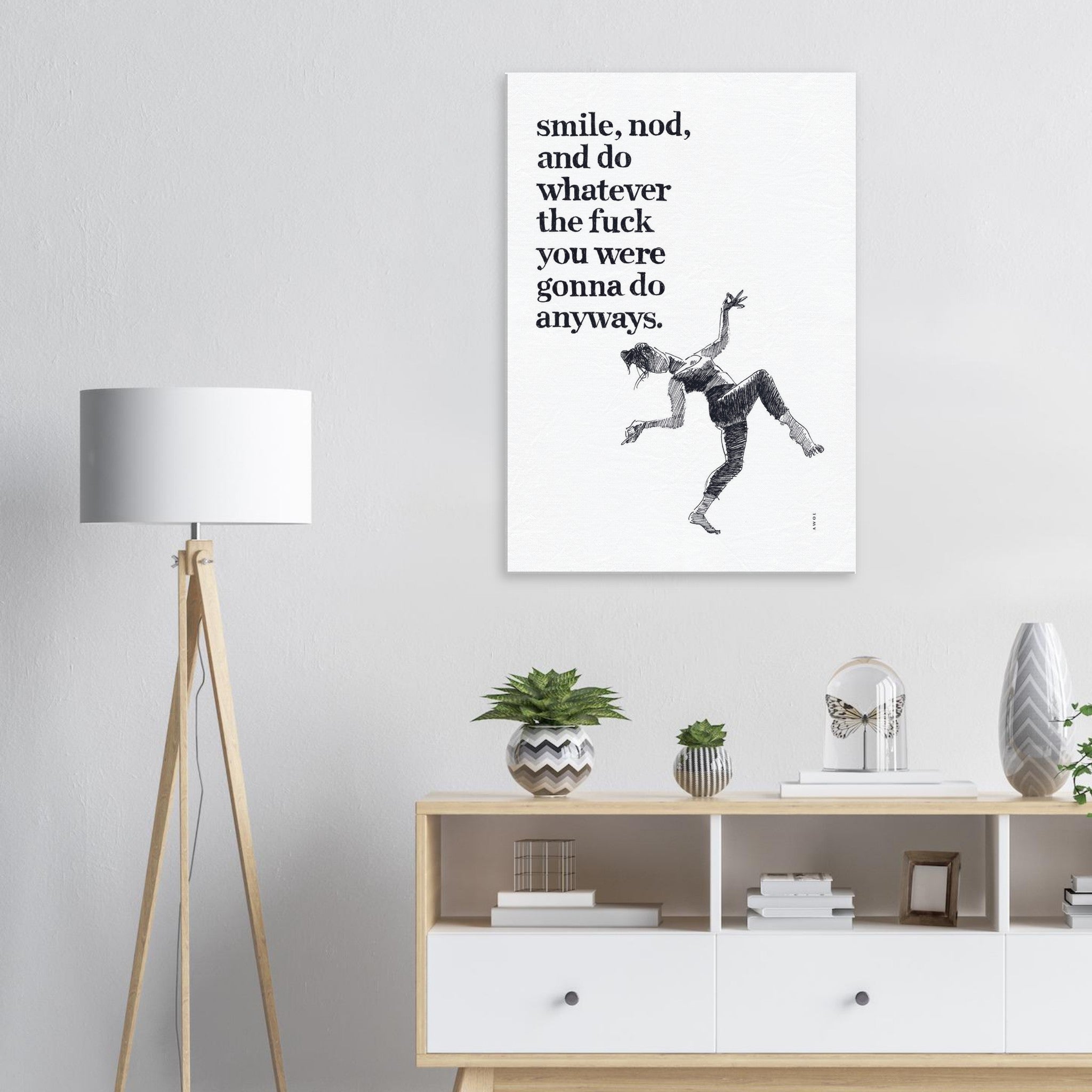 Smile And Nod, Daily Affirmation Dancing Woman: Art Print On Canvas