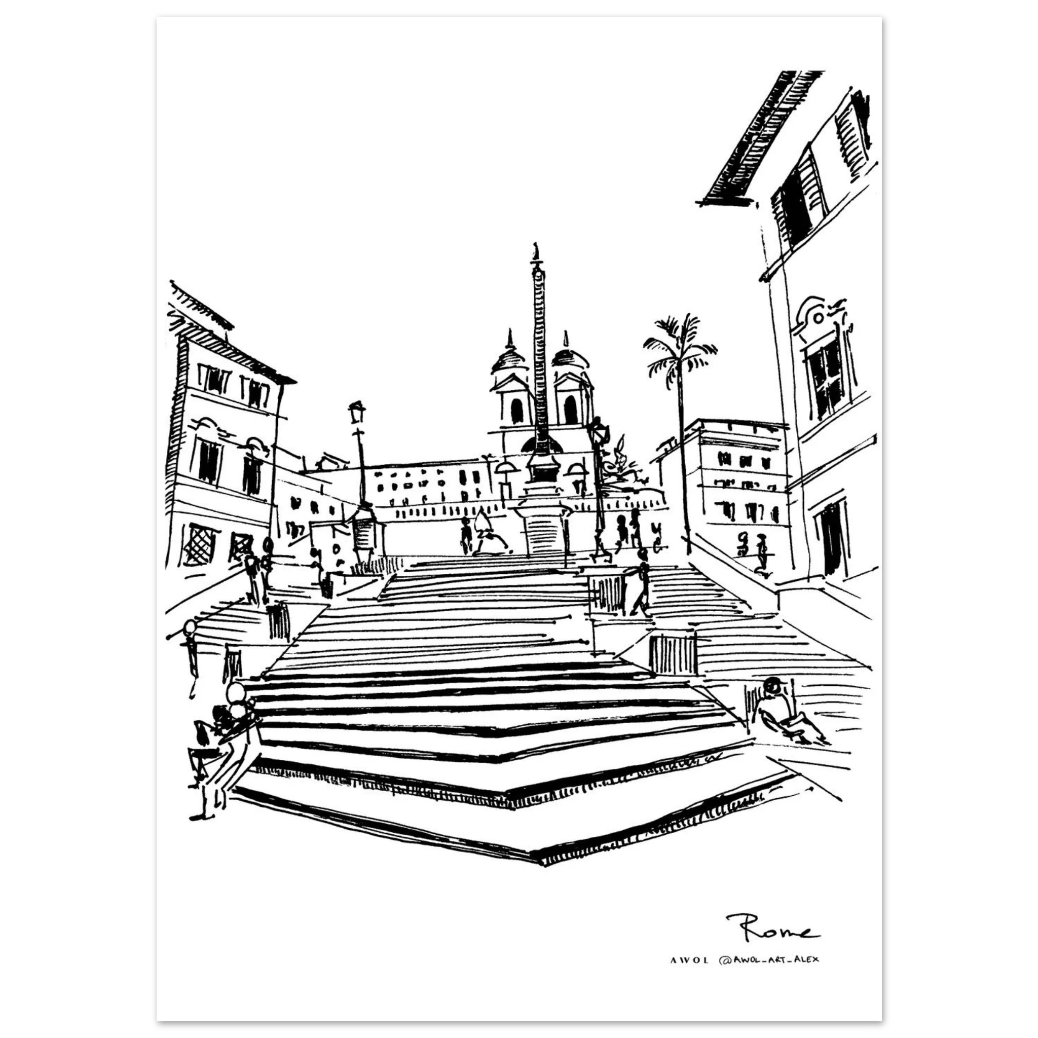 Rome Spanish Steps – Hand-Drawn Wall Art Print | Fine Art Poster | Minimalist Italy Travel Decor
