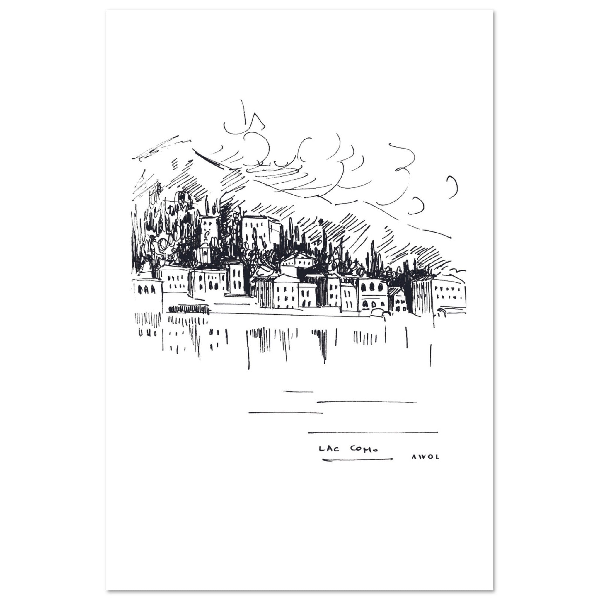 Lake Como, Italy Landscape Art With Mountain Town: Poster Print
