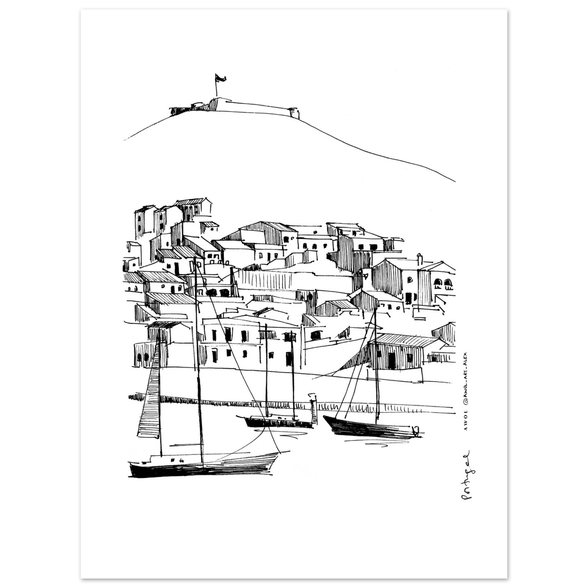 Small Portugese Town Overlooking Spain With Sailboats: Fine Art Poster