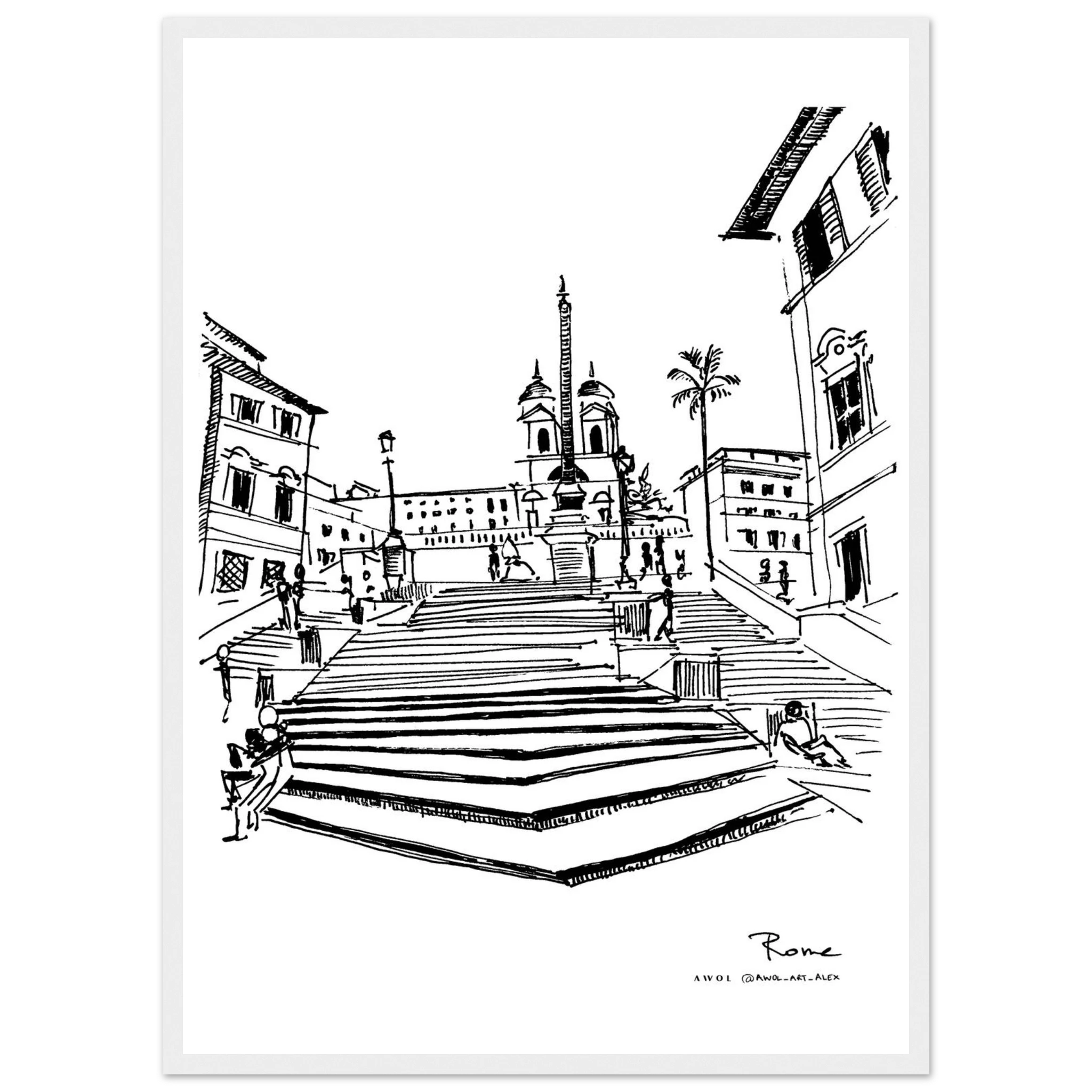 Rome Spanish Steps – Hand-Drawn Wall Art Print | Wooden Framed Fine Art Poster | Minimalist Italy Travel Decor