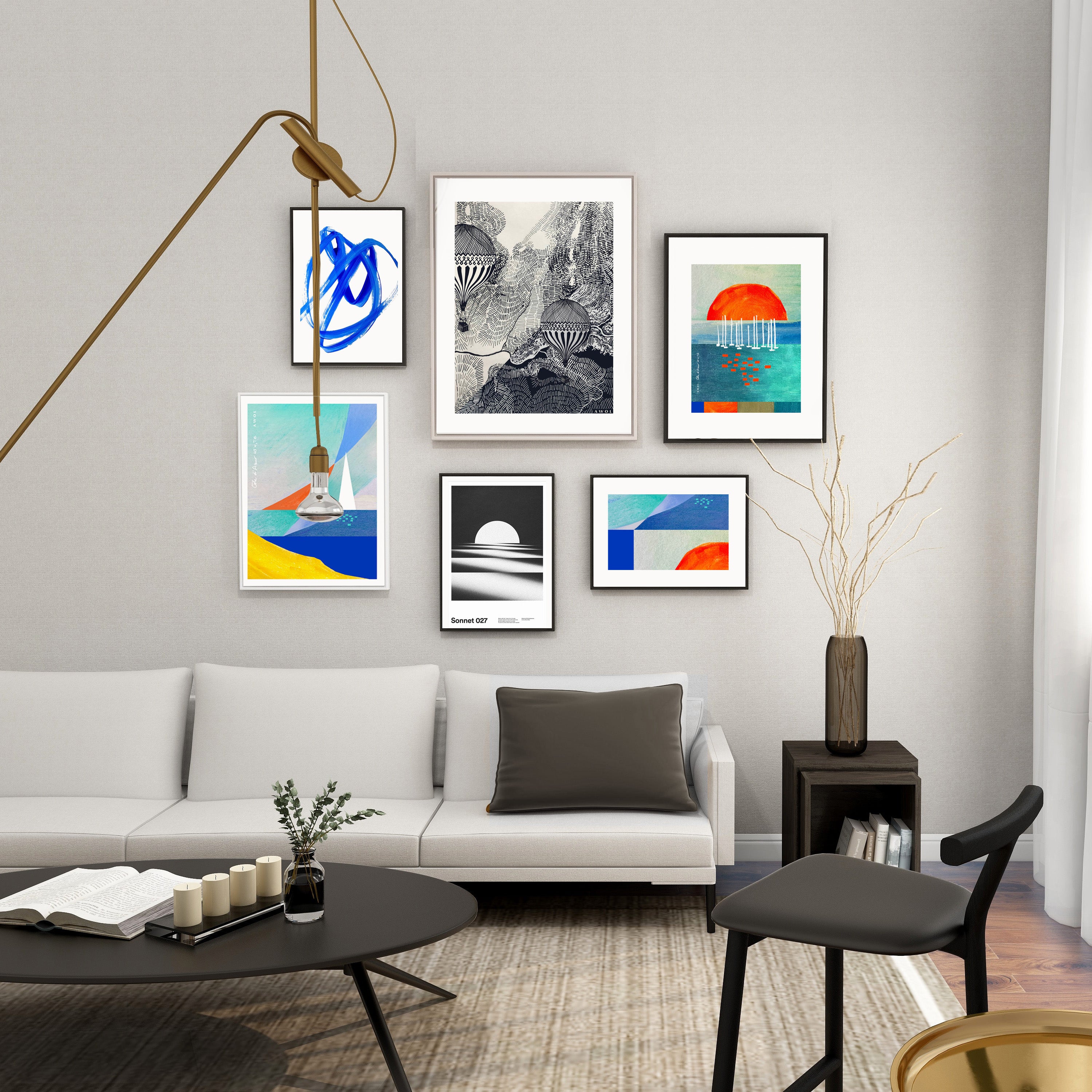 Orange Sunrise Over Blue Sea, Water Reflections And Sailboats: Poster Print