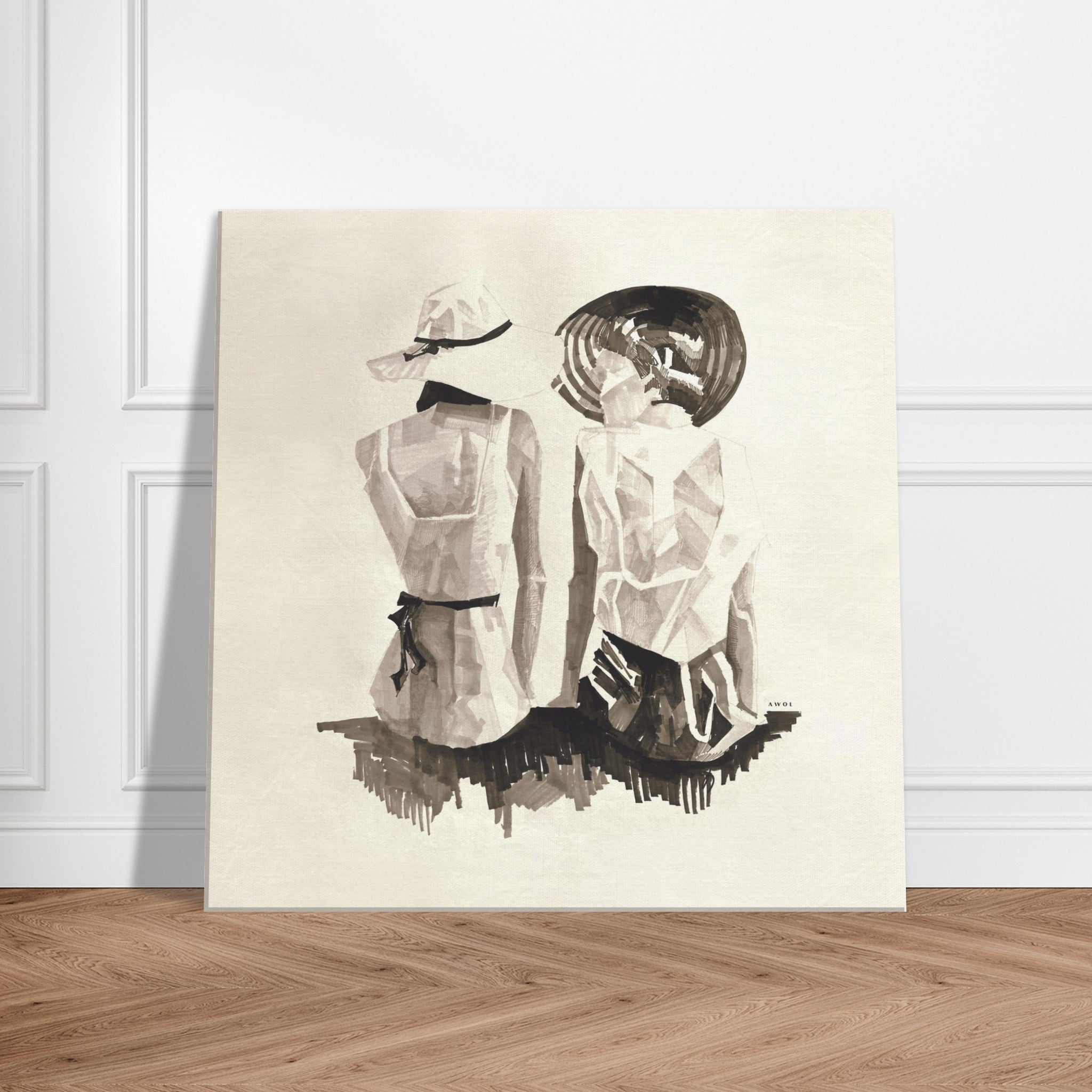Mediterranean Elegance: Two Women In Hats On The Beach Looking At The Sea, Large Monochrome Canvas Art