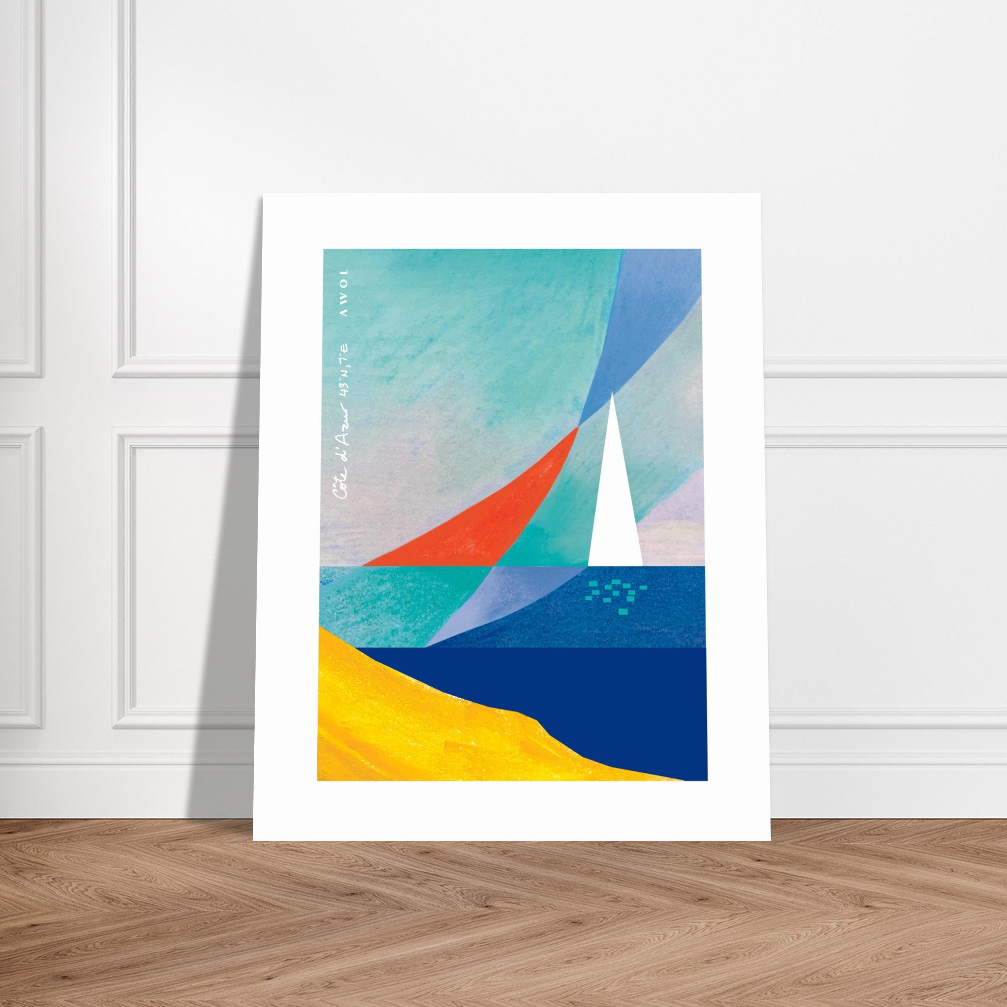 Abstract Sea Art And White Sailboat, Mediterranean Wall Art: French Riviera Poster Print