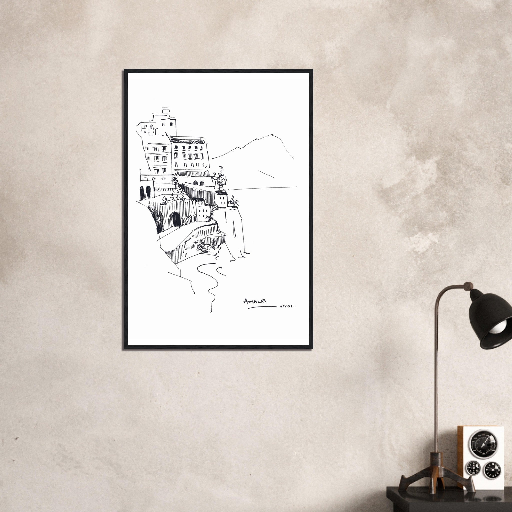 Amalfi Coast, Italy Travel Poster: Black And White Framed Art Print