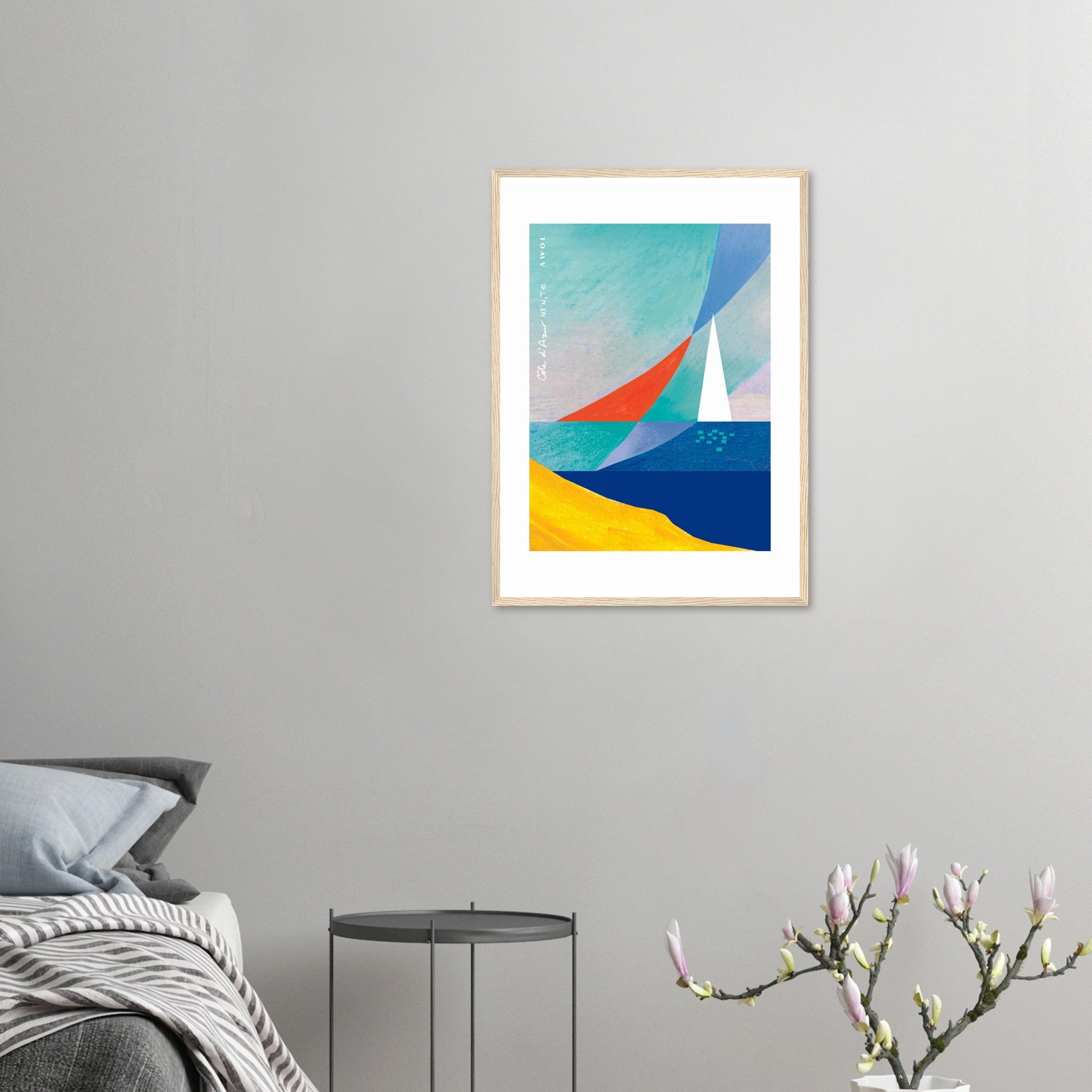 Sea And Sailboat Abstraction Art Of The Mediterranean Sea, French Riviera Nautical Art Print: Wooden Framed Poster Print