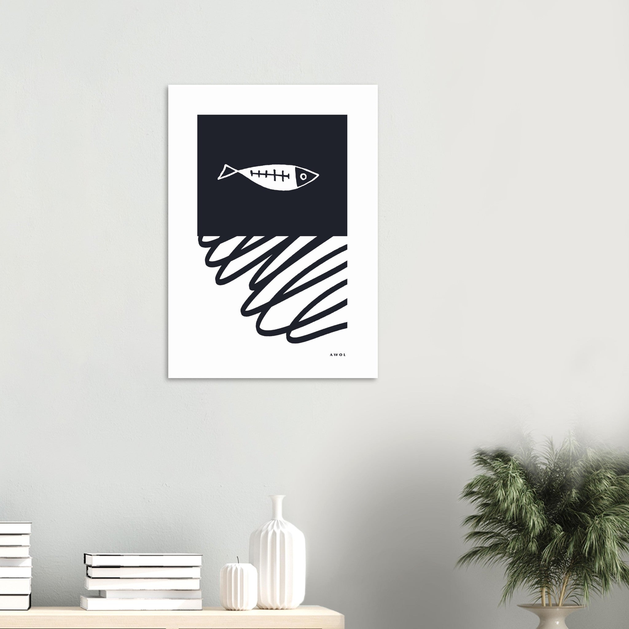 Black And White Abstract Wall Art With Fish And Minimalist Lines: Poster Print