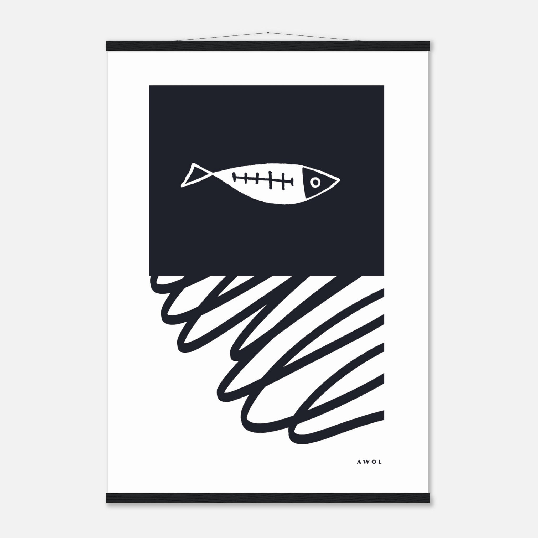 Black And White Abstract Wall Art With Fish And Minimalist Lines: Poster with Hanger