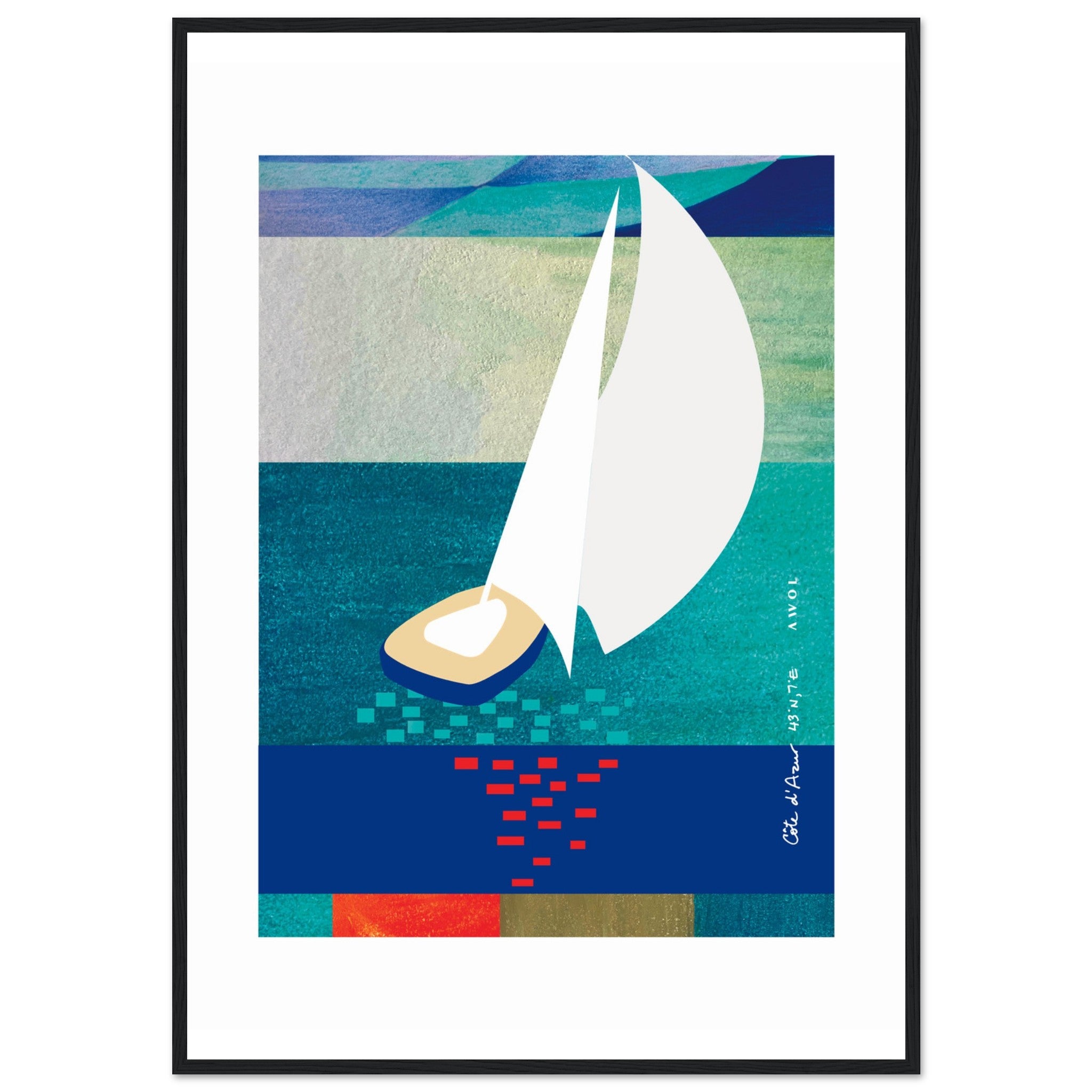 White Sailboat At Sunset On The Sea With Graphic Reflection: French Rivera: Classic Matte Paper Wooden Framed Poster