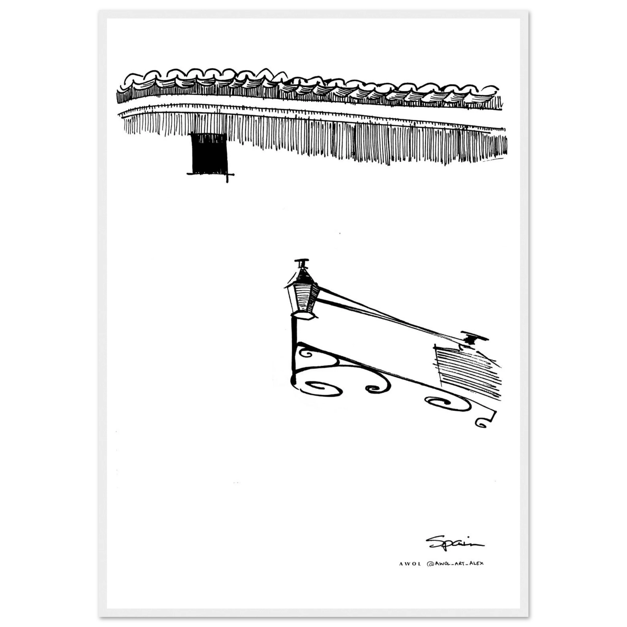 Siesta Shadows: Sunshine On Streetlamp In Spain: Fine Art Wooden Framed Poster