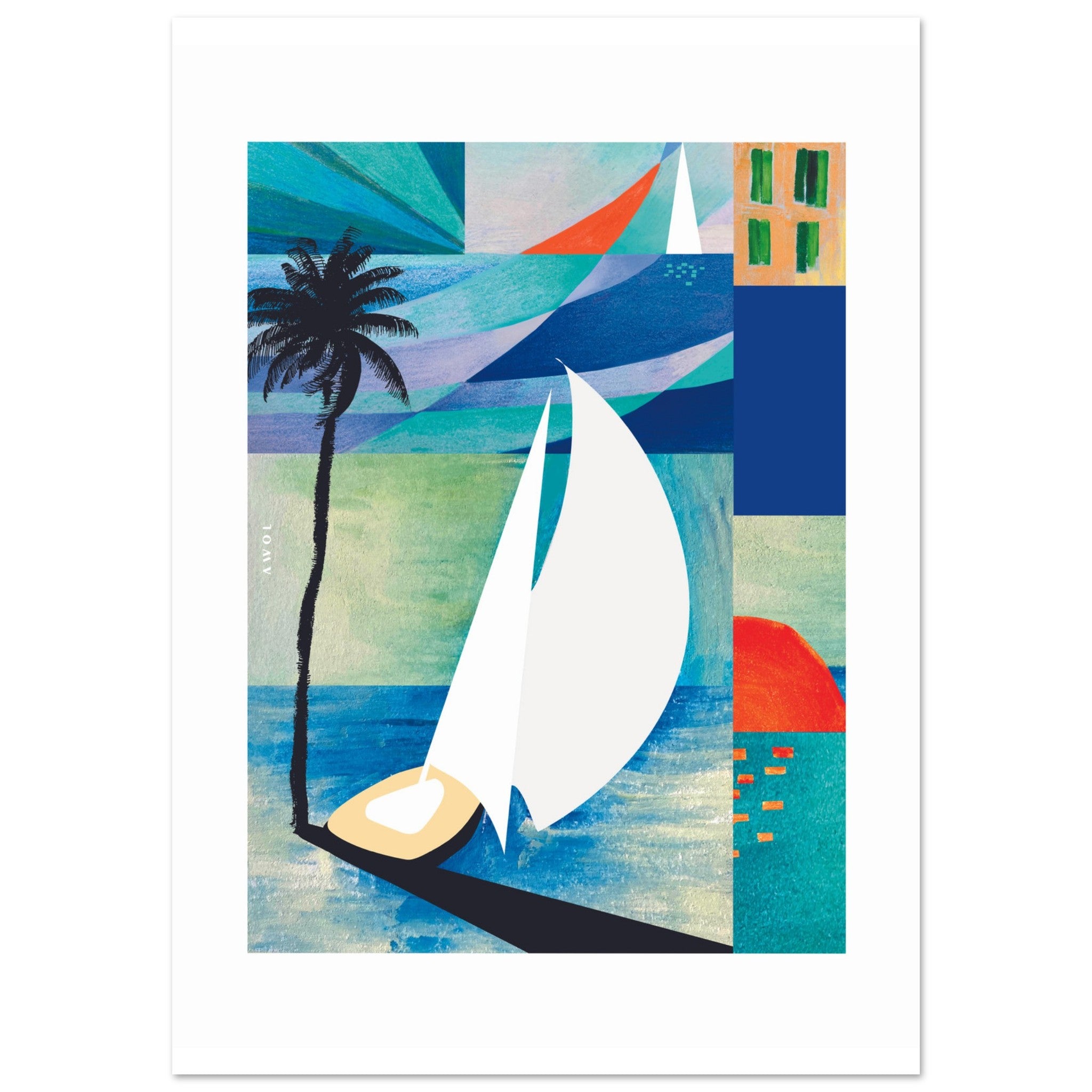 Tropical Art Print, Sunrise, Sail Boat and Palm Trees: Poster Print
