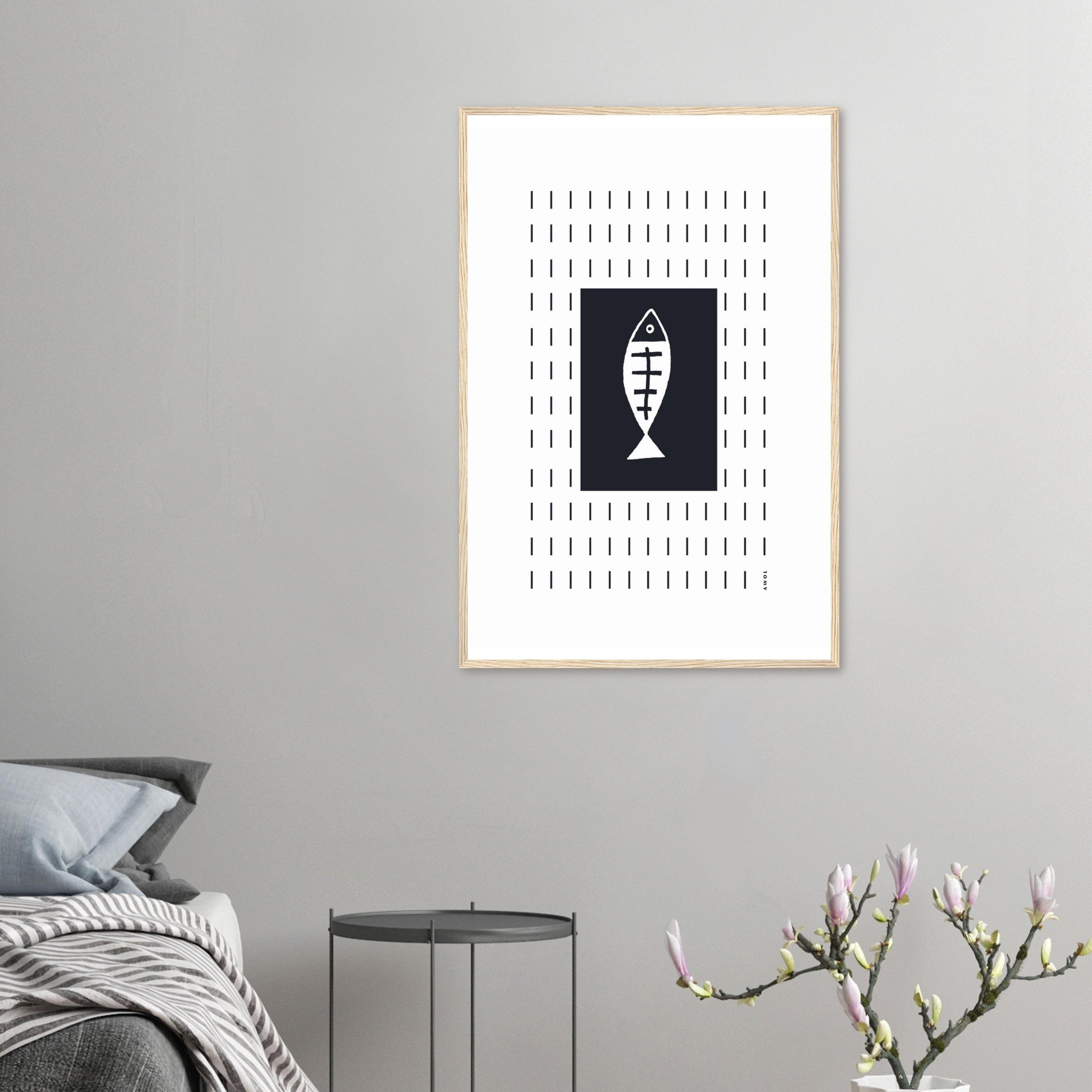 Minimalist Fish Art Abstraction In Rain Pattern, Black and White Framed Art Print