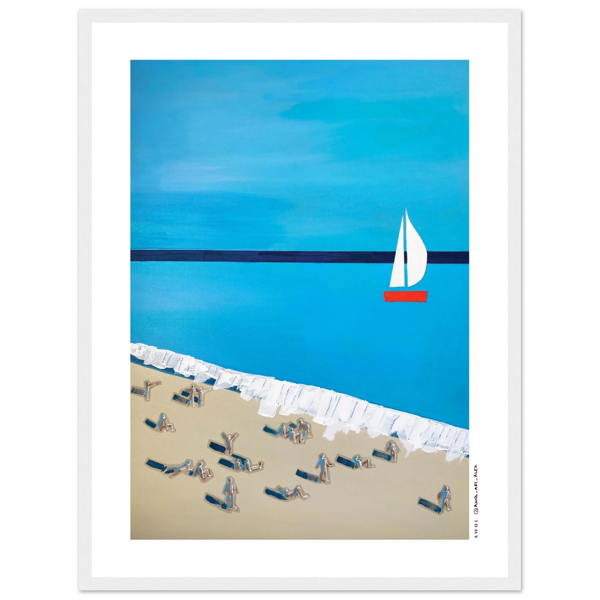 French Riviera Beach Poster – Minimalist Sailboat Art Print, Mid-Century Coastal Wall Art, Mediterranean Travel Decor with Sunbathers: Fine Art Wooden Framed Art Print